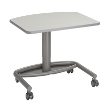 Load image into Gallery viewer, Modern mobile podium desk with a light-colored rectangular work surface, and sturdy metal base on four caster wheels.