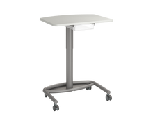 Load image into Gallery viewer, Modern mobile podium desk with a light-colored rectangular work surface, tote and rail system, and sturdy metal base on four caster wheels.