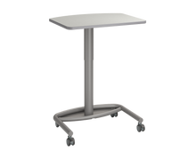 Load image into Gallery viewer, Modern mobile podium desk with a light-colored rectangular work surface, and sturdy metal base on four caster wheels.