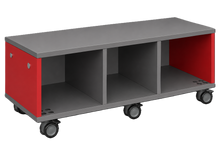 Load image into Gallery viewer, Modular storage unit with a three-column cubby configuration for organized, accessible classroom storage with customizable laminate finishes.