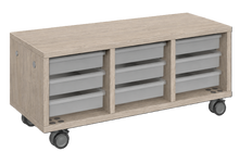 Load image into Gallery viewer, Modular storage unit with a three-column tray configuration for organized, accessible classroom with customizable laminate finishes.