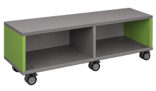 Load image into Gallery viewer, Mobile storage unit with two shelf columns, customizable laminate finishes, and casters for easy mobility.