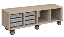 Load image into Gallery viewer, Mobile storage unit with a four column, tray and cubby configuration, customizable laminate finishes, and casters for easy mobility.