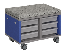 Load image into Gallery viewer, Modular storage unit with two-column tray design, offering organized, accessible classroom storage and an optional seat pad that converts it into a mobile bench with customizable finishes.