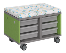 Load image into Gallery viewer, Modular storage unit with two-column tray design, offering organized, accessible classroom storage and an optional seat pad that converts it into a mobile bench with customizable finishes.
