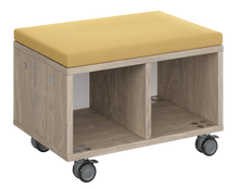 Load image into Gallery viewer, Modular storage unit with two-column cubbies for organized, visible classroom storage and optional seat pad converts it into a mobile bench with customizable finishes.