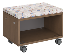 Load image into Gallery viewer, Modular storage unit with an all-shelf for organized, visible classroom storage and optional seat pad converts it into a mobile bench with customizable finishes.