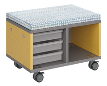 Load image into Gallery viewer, Modular storage unit with mixed tray and cubby configuration for organized, accessible classroom storage and optional seat pad converts it into a mobile bench with customizable laminate finishes.