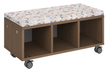 Load image into Gallery viewer, Modular storage unit with a three-column cubby configuration for organized, accessible classroom storage and optional seat pad converts it into a mobile bench with customizable laminate finishes.