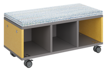 Load image into Gallery viewer, Modular storage unit with a three-column cubby configuration for organized, accessible classroom storage and optional seat pad converts it into a mobile bench with customizable laminate finishes.