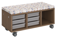 Load image into Gallery viewer, Modular storage unit with a two-column trays and one column cubby configuration for organized, accessible classroom storage and optional seat pad converts it into a mobile bench with customizable laminate finishes.