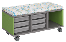 Load image into Gallery viewer, Modular storage unit with a two-column trays and one column cubby configuration for organized, accessible classroom storage and optional seat pad converts it into a mobile bench with customizable laminate finishes.