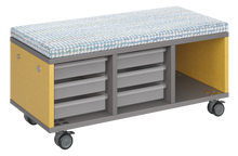 Load image into Gallery viewer, Modular storage unit with a two-column trays and one column cubby configuration for organized, accessible classroom storage and optional seat pad converts it into a mobile bench with customizable laminate finishes.
