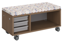 Load image into Gallery viewer, Modular storage unit with a one column trays and one column shelf configuration for organized, accessible classroom storage and optional seat pad converts it into a mobile bench with customizable laminate finishes.