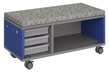 Load image into Gallery viewer, Modular storage unit with a one column trays and one column shelf configuration for organized, accessible classroom storage and optional seat pad converts it into a mobile bench with customizable laminate finishes.