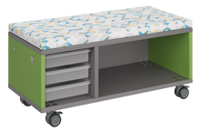 Load image into Gallery viewer, Modular storage unit with a one column trays and one column shelf configuration for organized, accessible classroom storage and optional seat pad converts it into a mobile bench with customizable laminate finishes.