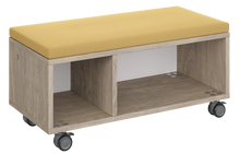 Load image into Gallery viewer, Modular storage unit with a one column cubby and one column shelf configuration for organized, accessible classroom storage and optional seat pad converts it into a mobile bench with customizable laminate finishes.