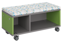 Load image into Gallery viewer, Modular storage unit with a one column cubby and one column shelf configuration for organized, accessible classroom storage and optional seat pad converts it into a mobile bench with customizable laminate finishes.