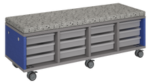 Load image into Gallery viewer, Mobile storage unit with four tray columns, optional upholstered seat for seating, customizable laminate finishes, and casters for easy mobility.