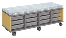 Load image into Gallery viewer, Mobile storage unit with four tray columns, optional upholstered seat for seating, customizable laminate finishes, and casters for easy mobility.