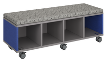 Load image into Gallery viewer, Mobile storage unit with four cubby columns, optional upholstered seat for seating, customizable laminate finishes, and casters for easy mobility.