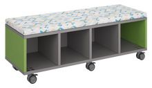 Load image into Gallery viewer, Mobile storage unit with four cubby columns, optional upholstered seat for seating, customizable laminate finishes, and casters for easy mobility.