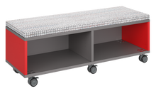 Load image into Gallery viewer, Mobile storage unit with two shelf columns, optional upholstered seat for seating, customizable laminate finishes, and casters for easy mobility.