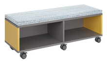 Load image into Gallery viewer, Mobile storage unit with two shelf columns, optional upholstered seat for seating, customizable laminate finishes, and casters for easy mobility.