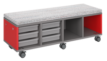 Load image into Gallery viewer, Mobile storage unit with a four column, tray and cubby configuration, optional upholstered seat for seating, customizable laminate finishes, and casters for easy mobility.