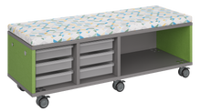 Load image into Gallery viewer, Mobile storage unit with a three column, tray and shelf configuration, optional upholstered seat for seating, customizable laminate finishes, and casters for easy mobility.