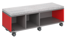 Load image into Gallery viewer, Mobile storage unit with a three column, tray and shelf configuration, optional upholstered seat for seating, customizable laminate finishes, and casters for easy mobility.
