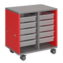 Load image into Gallery viewer, Mobile classroom storage featuring two columns of trays, customizable laminate finishes, optional doors, and durable rolling casters.