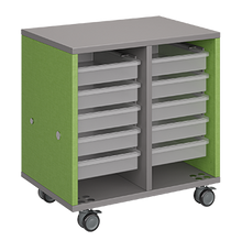 Load image into Gallery viewer, Mobile classroom storage featuring two columns of trays, customizable laminate finishes, optional doors, and durable rolling casters.