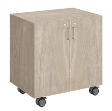 Load image into Gallery viewer, Mobile classroom storage featuring two columns of trays, customizable laminate finishes, optional doors, and durable rolling casters.