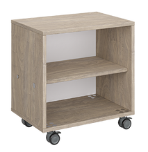 Load image into Gallery viewer, Mobile classroom storage cabinet featuring a single column of open shelves, customizable laminate finishes, optional doors, and durable rolling casters.
