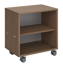 Load image into Gallery viewer, Mobile classroom storage cabinet featuring a single column of open shelves, customizable laminate finishes, optional doors, and durable rolling casters.