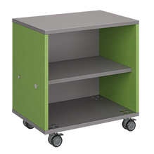 Load image into Gallery viewer, Mobile classroom storage cabinet featuring a single column of open shelves, customizable laminate finishes, optional doors, and durable rolling casters.