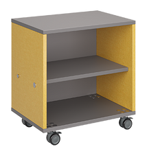 Load image into Gallery viewer, Mobile classroom storage cabinet featuring a single column of open shelves, customizable laminate finishes, optional doors, and durable rolling casters.
