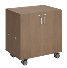 Load image into Gallery viewer, Mobile classroom storage cabinet featuring a single column of open shelves, customizable laminate finishes, optional doors, and durable rolling casters.