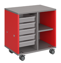 Load image into Gallery viewer, Mobile classroom storage with two-columns, one trays and one cubbies, customizable laminate finishes, optional doors, and durable casters.