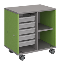 Load image into Gallery viewer, Mobile classroom storage with two-columns, one trays and one cubbies, customizable laminate finishes, optional doors, and durable casters.