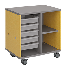 Load image into Gallery viewer, Mobile classroom storage with two-columns, one trays and one cubbies, customizable laminate finishes, optional doors, and durable casters.