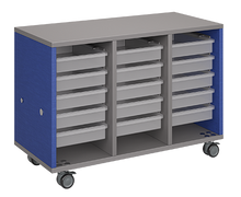 Load image into Gallery viewer, Mobile classroom storage featuring a three-column, all-tray configuration with customizable laminate finishes, optional doors, and durable casters for flexible, organized classroom storage.