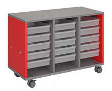 Load image into Gallery viewer, Mobile classroom storage featuring a three-column, all-tray configuration with customizable laminate finishes, optional doors, and durable casters for flexible, organized classroom storage.