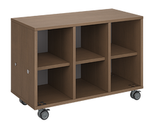 Load image into Gallery viewer, Mobile classroom storage featuring a three-column, all-cubbies configuration with customizable laminate finishes, optional doors, and durable casters for flexible classroom storage.