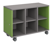 Load image into Gallery viewer, Mobile classroom storage featuring a three-column, all-cubbies configuration with customizable laminate finishes, optional doors, and durable casters for flexible classroom storage.