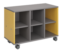 Load image into Gallery viewer, Mobile classroom storage featuring a three-column, all-cubbies configuration with customizable laminate finishes, optional doors, and durable casters for flexible classroom storage.
