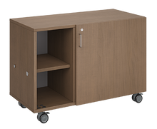 Load image into Gallery viewer, Mobile classroom storage featuring a three-column, all-cubbies configuration with customizable laminate finishes, optional doors, and durable casters for flexible classroom storage.