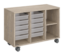Load image into Gallery viewer, Mobile classroom storage featuring a three-column configuration with two columns of trays and one column of cubbies, customizable laminate finishes, optional doors, and durable casters for flexible classroom storage.