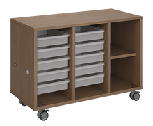 Load image into Gallery viewer, Mobile classroom storage featuring a three-column configuration with two columns of trays and one column of cubbies, customizable laminate finishes, optional doors, and durable casters for flexible classroom storage.